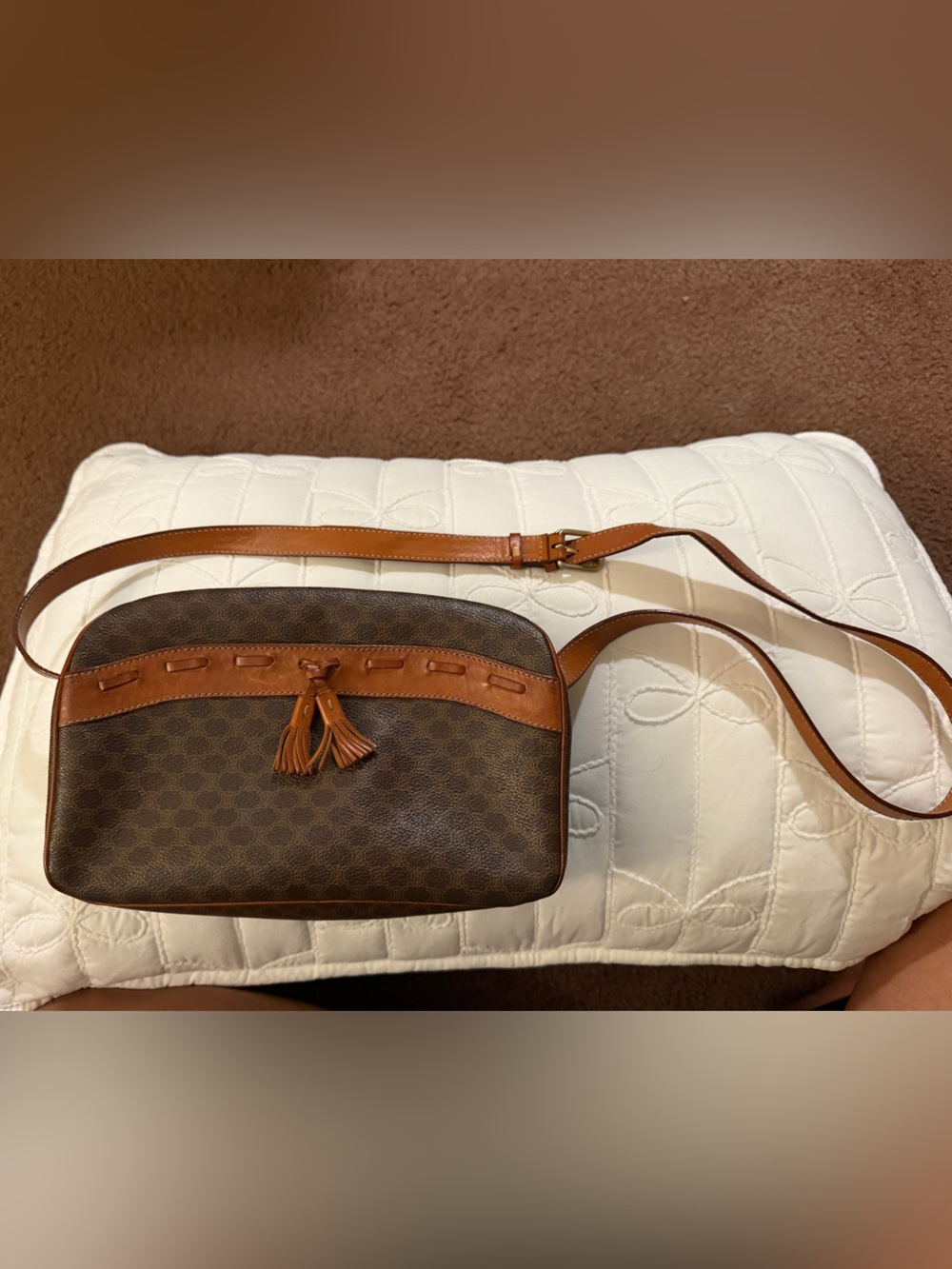 Celine Brown and Tan Crossbody with Tassel Accent